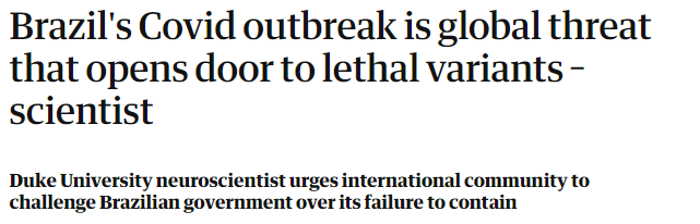 Covid-19: brasileiros sofrerão preconceito nas viagens ao exterior? 4 Brazil Global Threat, Manchete no Jornal The Guardian