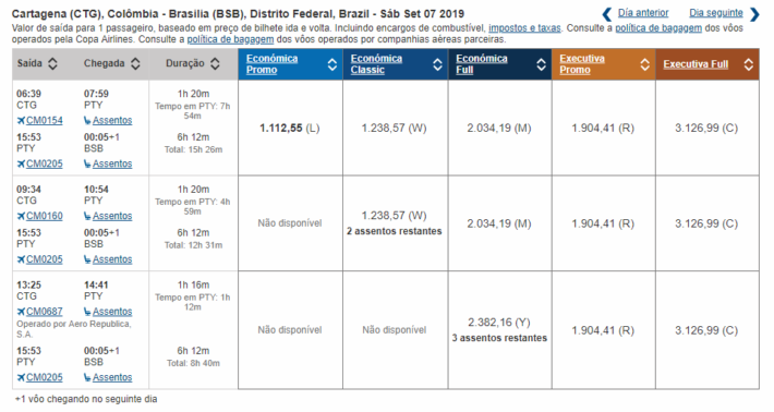 Tabela de Tarifas e Voos - Copa Airlines