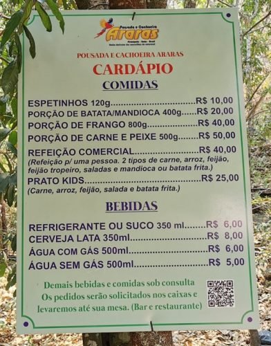 Cardápio do Bar da Cachoeira das Araras, Pirenópolis Cardápio do Bar da Cachoeira das Araras, Pirenópolis