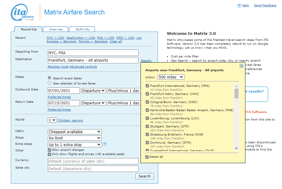 Matrix: the most powerful tool to find cheap airline tickets 7 Airports Near Frankfurt, Matrix Itasoftware Search