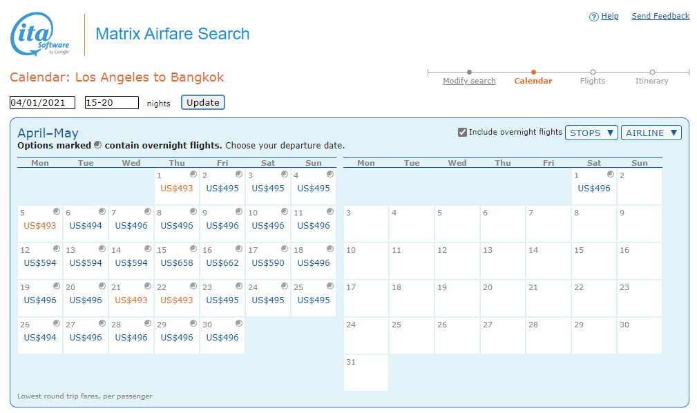 Matrix: the most powerful tool to find cheap airline tickets 2 Best dates to fly between LAX and BKK, Matrix Itasoftware