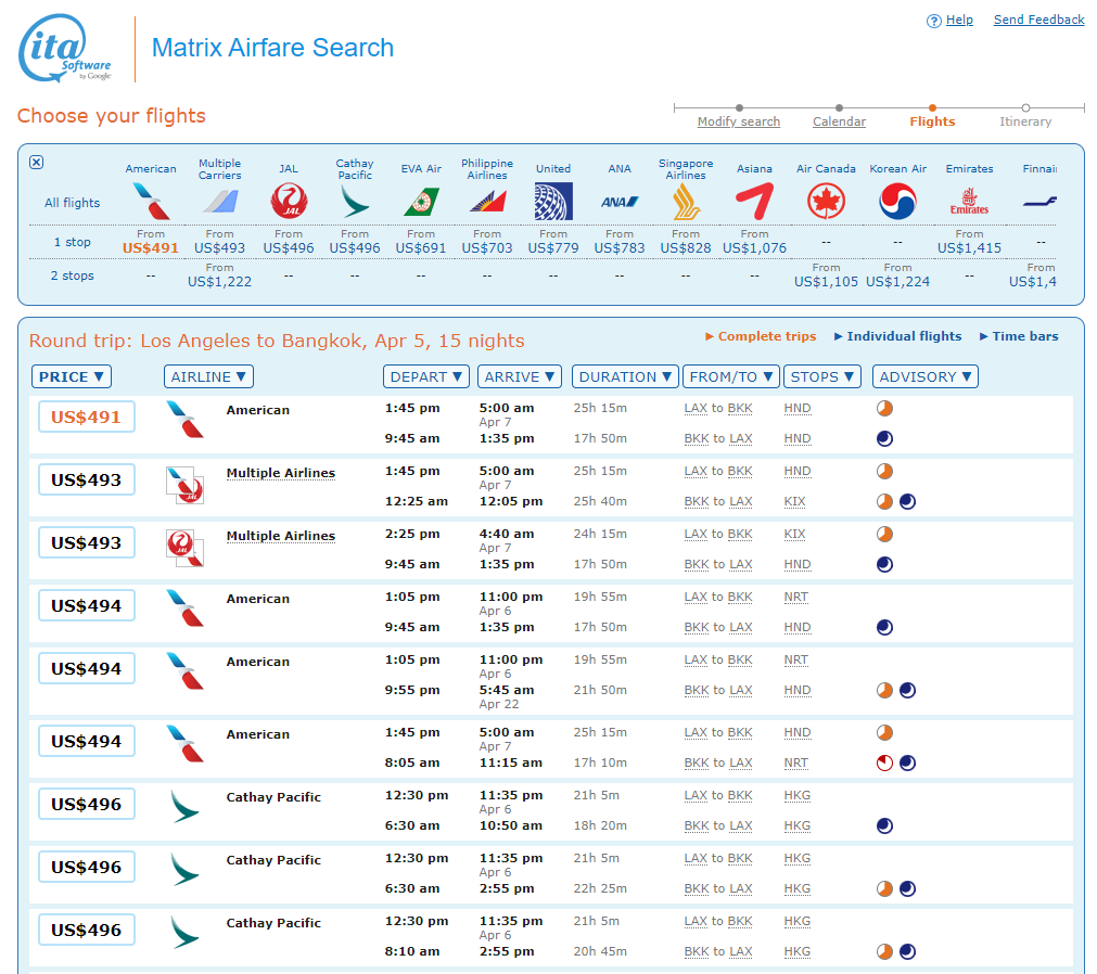 Matrix: the most powerful tool to find cheap airline tickets 3 Flights between LAX and BKK with lowest airfares