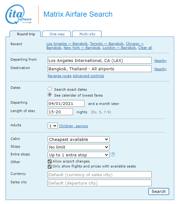 Matrix: the most powerful tool to find cheap airline tickets 1 Search the best dates to travel from Los Angeles to Bangkok, Matrix