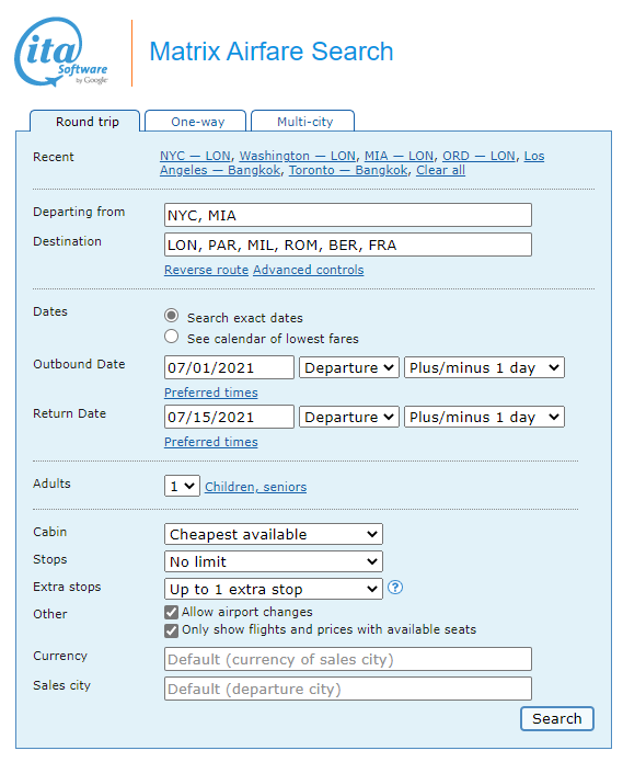 Matrix: the most powerful tool to find cheap airline tickets 4 Search with Multiple Airport Options, ITA Matrix